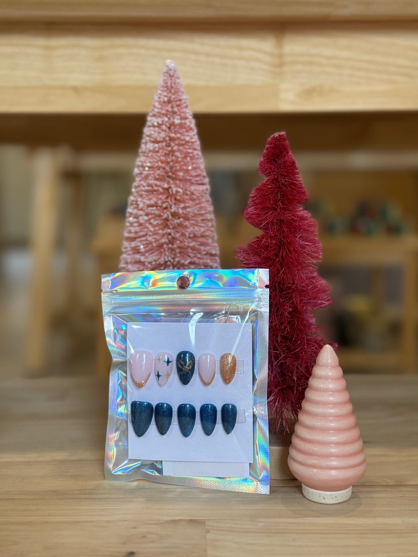 Press On Nails - Short Almond - Medium Size - Blue and Gold Sparks - Aesthetics By Kell