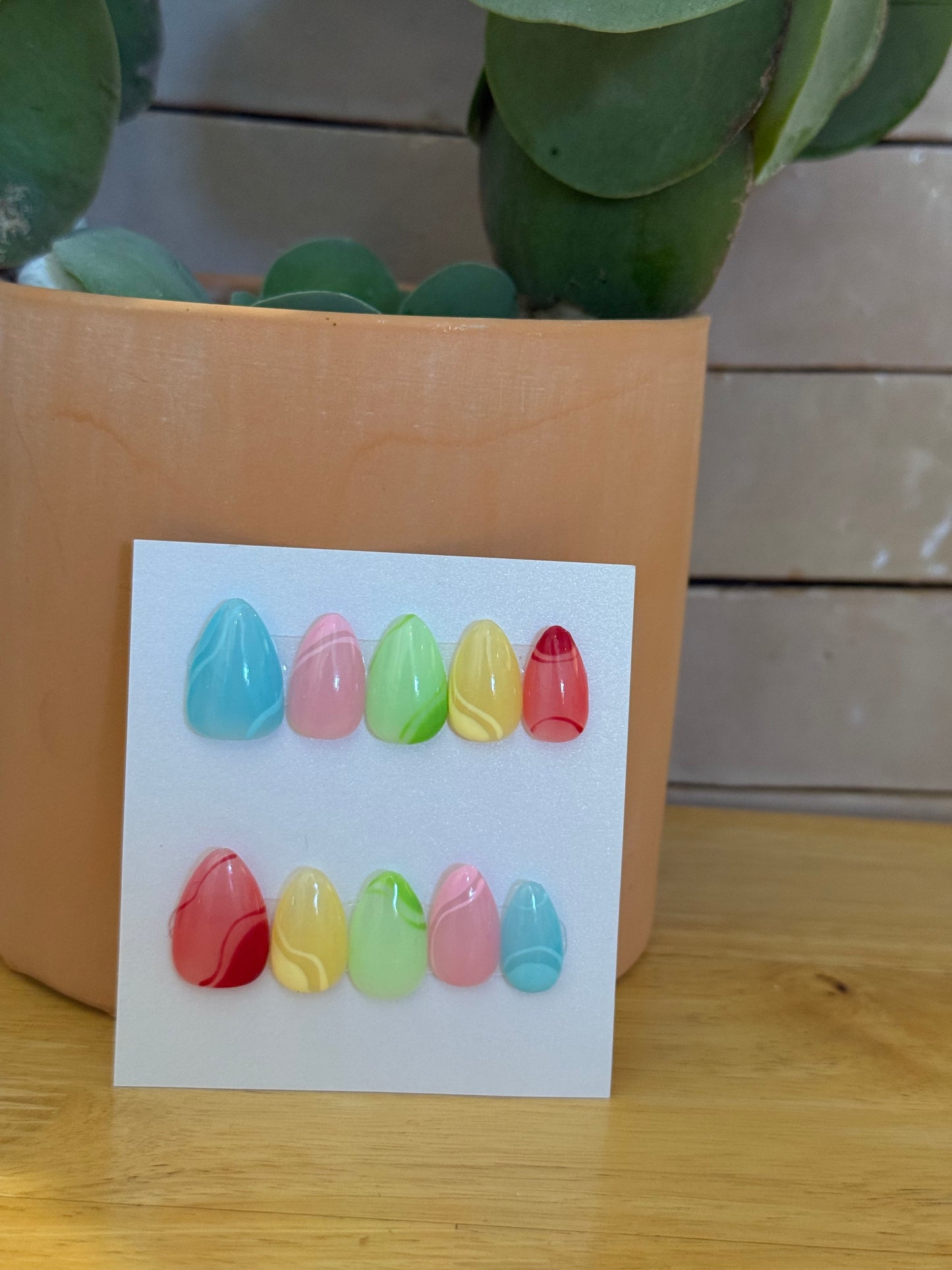 Press On Nails- Short Almond- Medium size- Jelly Rainbow