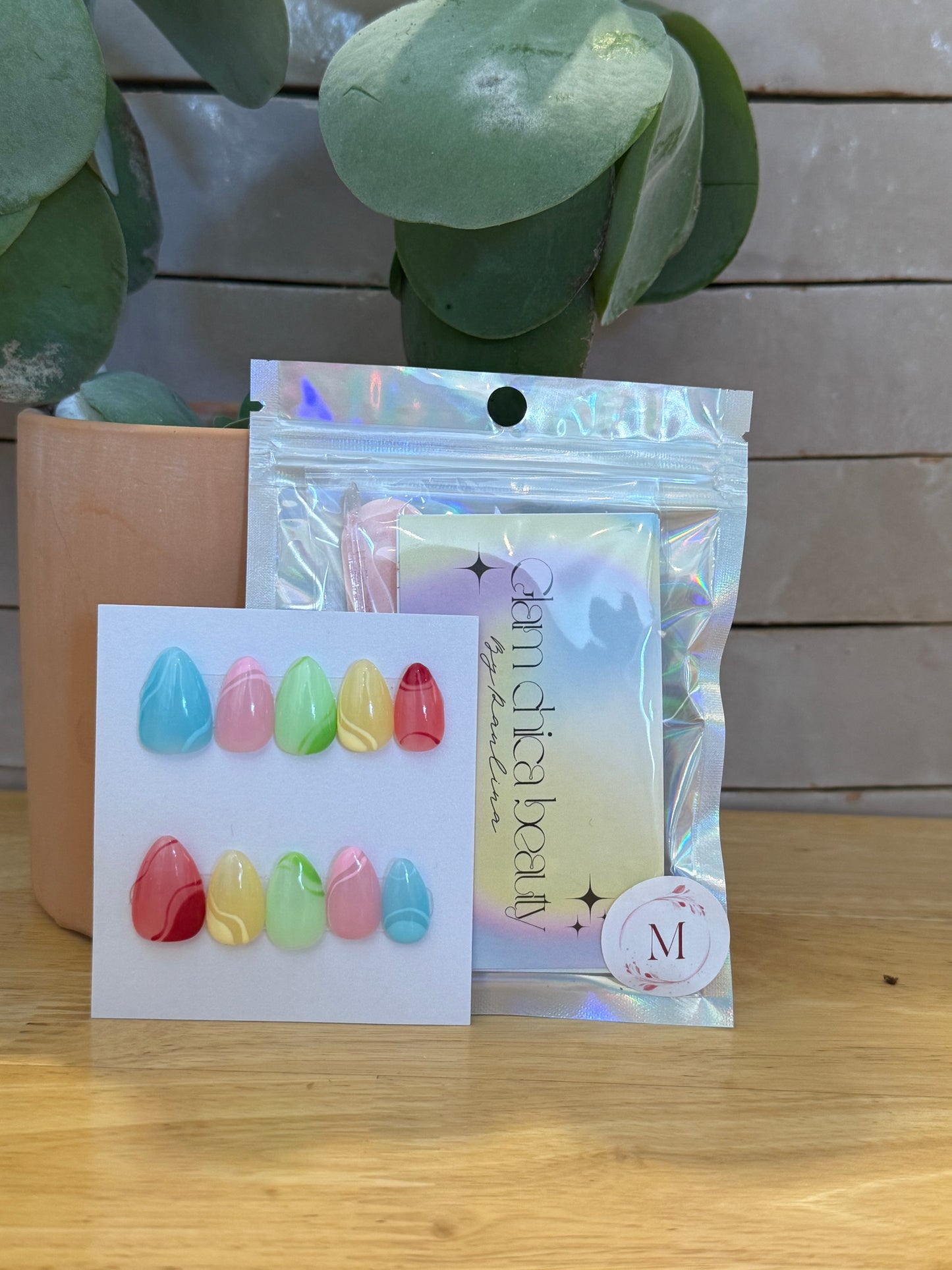 Press On Nails- Short Almond- Medium size- Jelly Rainbow