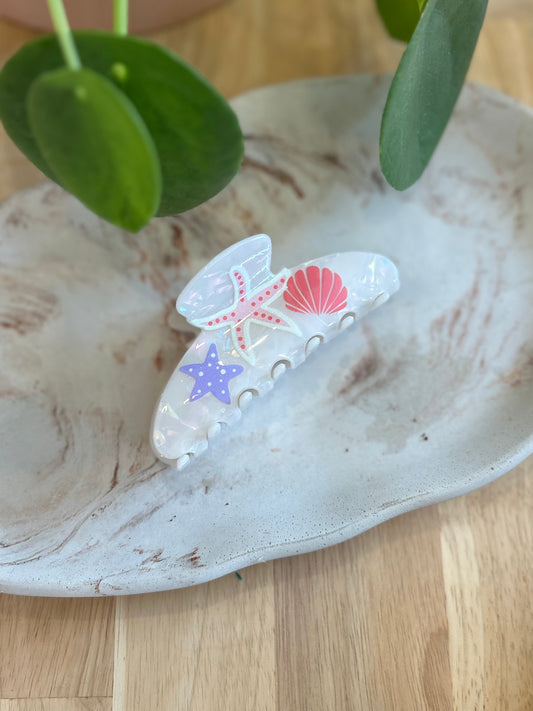 White Starfish & Shell Claw Clip