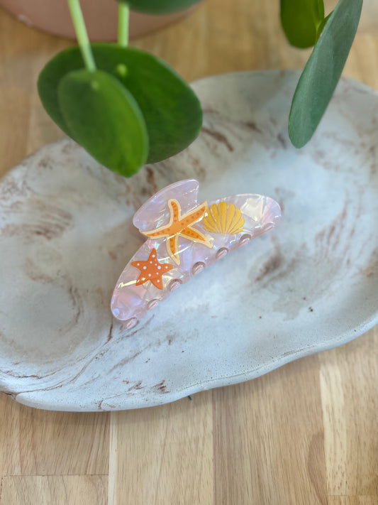 Orange Starfish & Shell Claw Clip