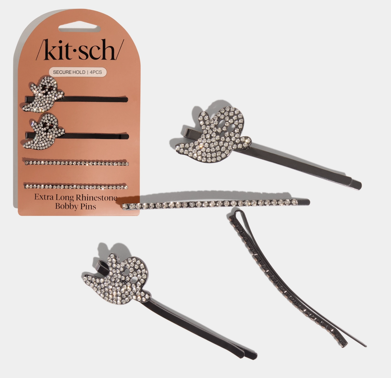Kitsch Extra Long Metal Rhinestone Bobby Pins 4pc Set - Ghost