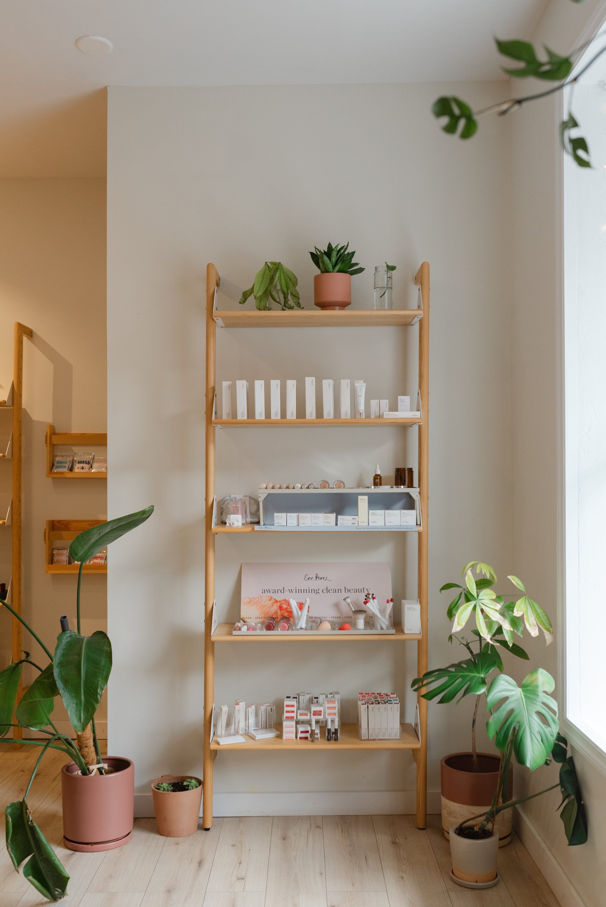 Wooden shelf with various items against a white wall, surrounded by potted plants.