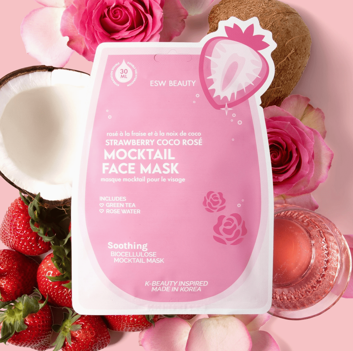 ESW Strawberry Coco Rose Soothing Biocellulose Mocktail Mask - Aesthetics By Kell