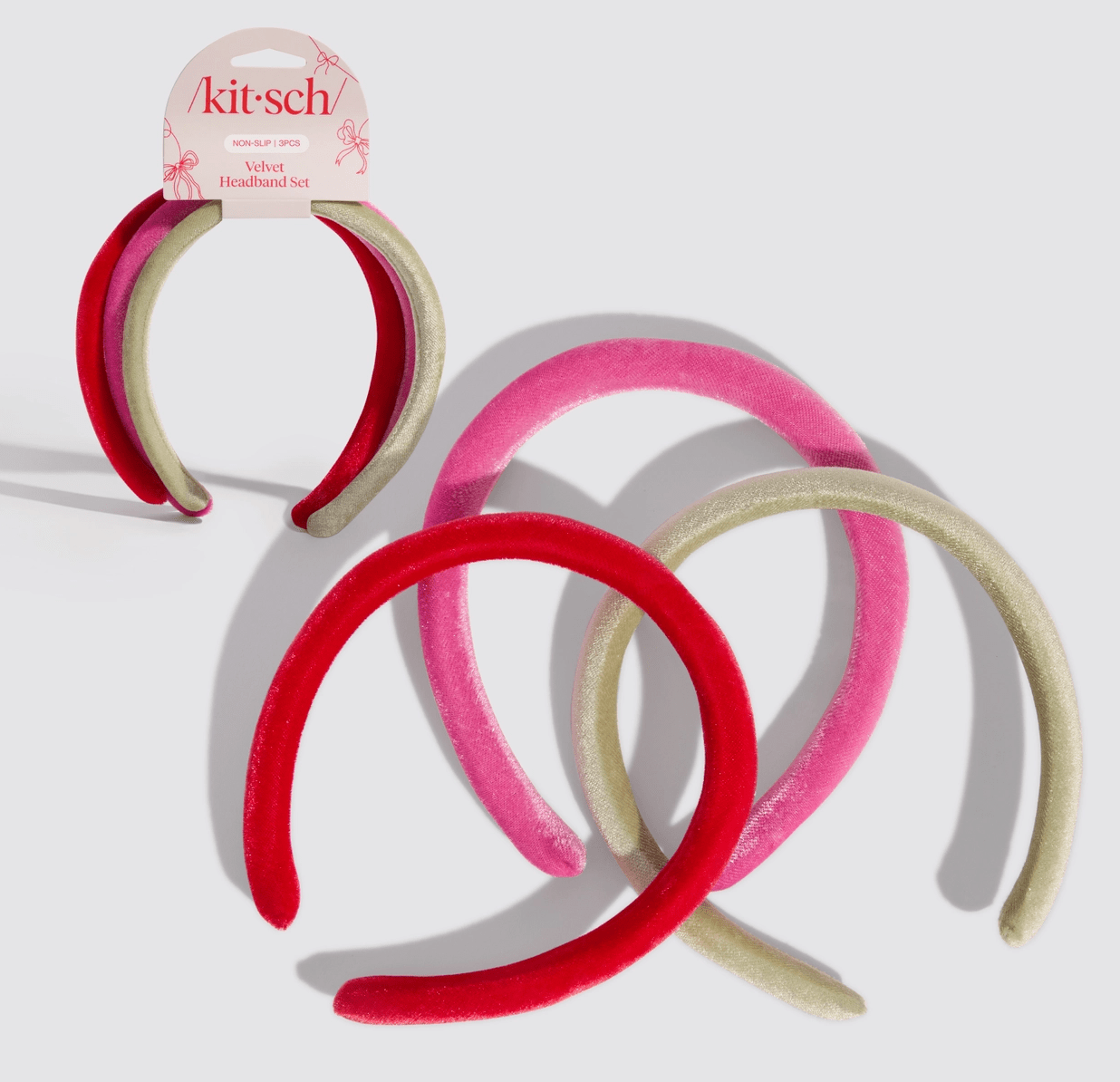 Kitsch Holiday Velvet Headband Set – Red, Pink & Green (3pc) - Aesthetics By Kell
