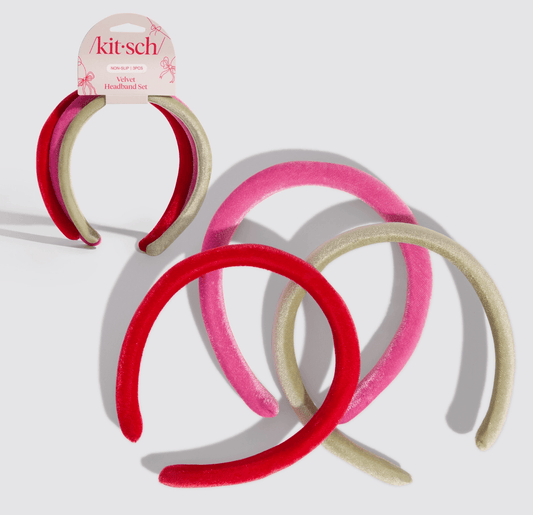 Kitsch Holiday Velvet Headband Set – Red, Pink & Green (3pc) - Aesthetics By Kell