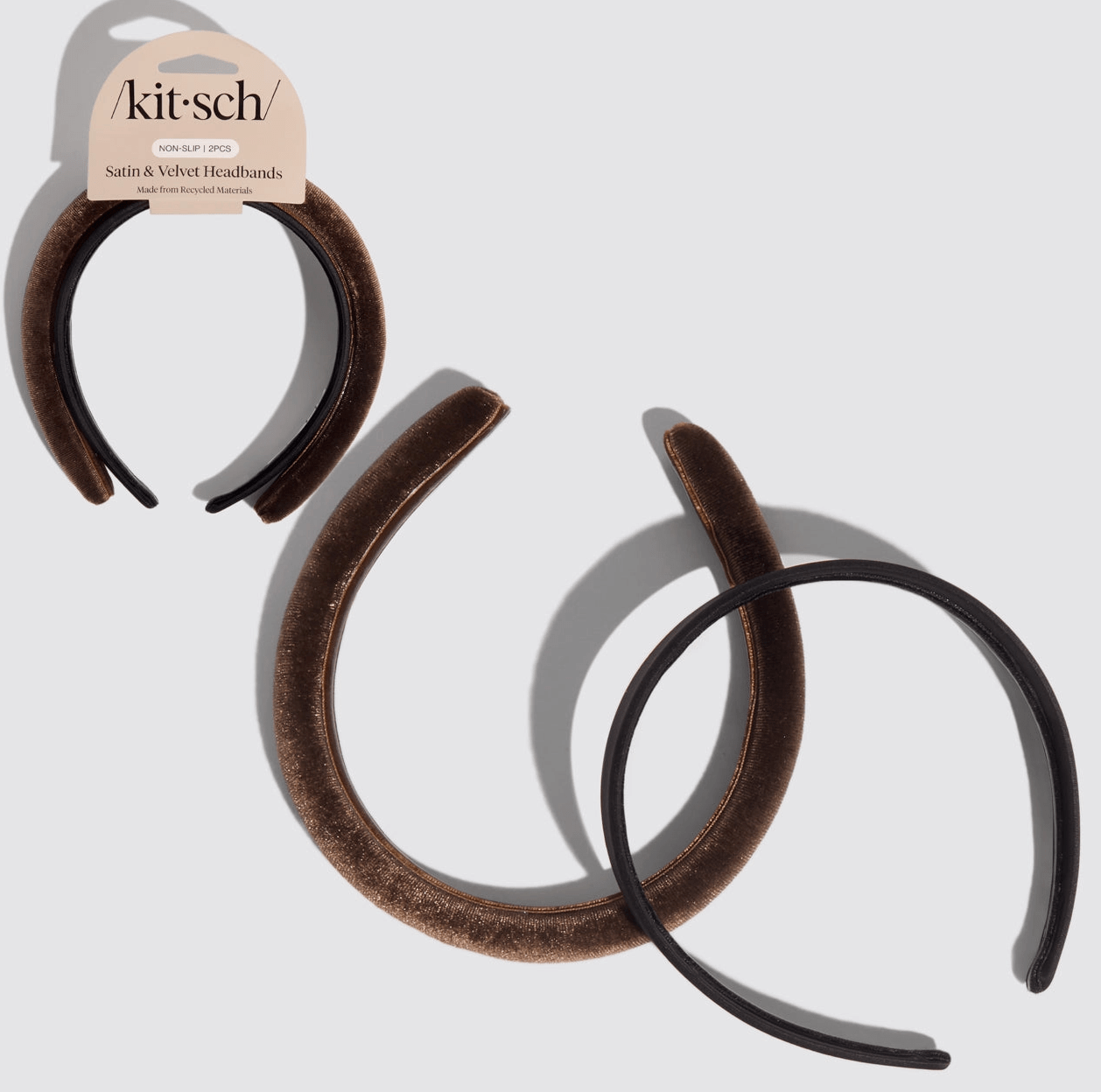 Kitsch Recycled Fabric Satin & Velvet Headbands 2pc Set - Black/Choco - Aesthetics By Kell