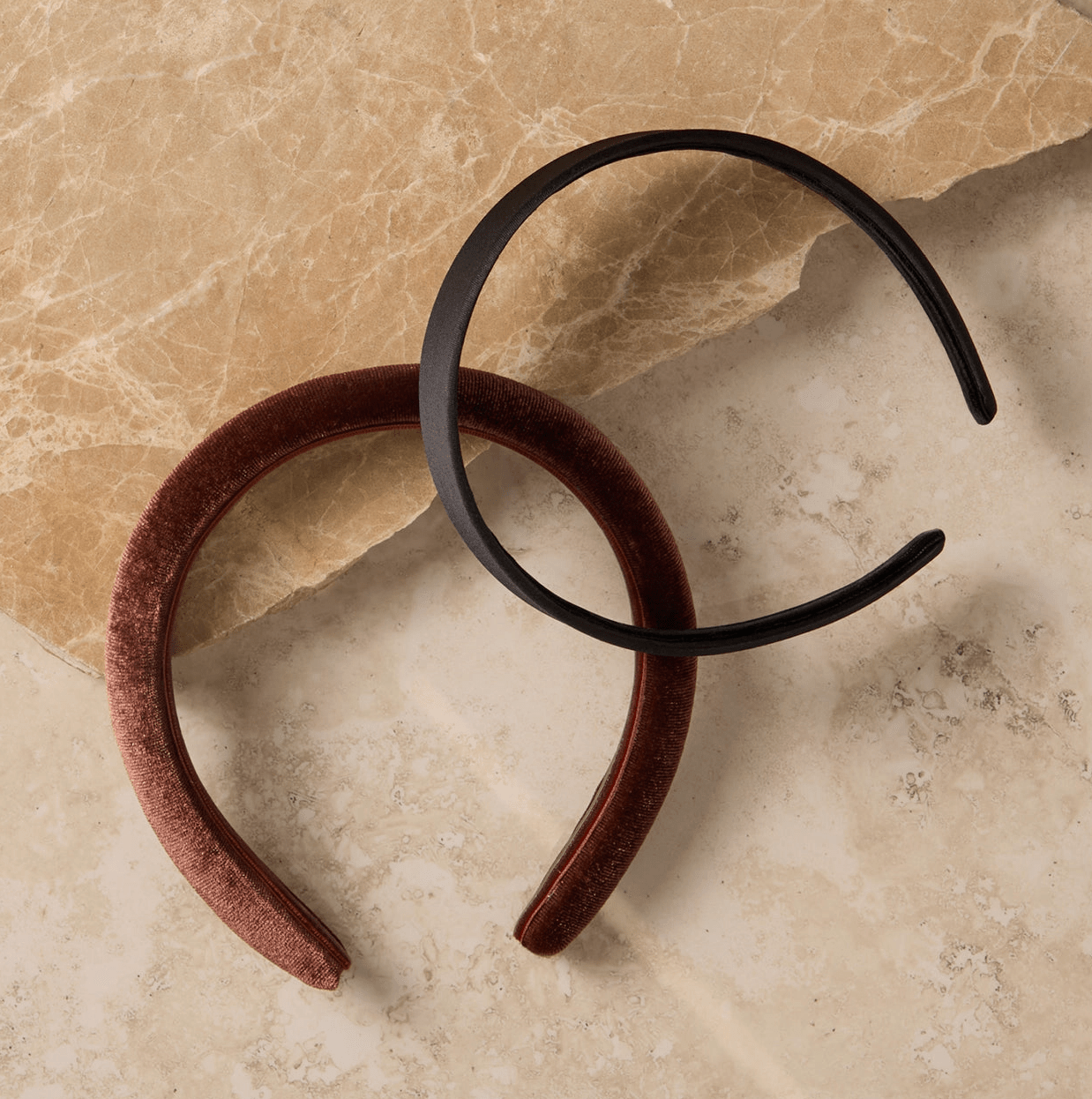 Kitsch Recycled Fabric Satin & Velvet Headbands 2pc Set - Black/Choco - Aesthetics By Kell