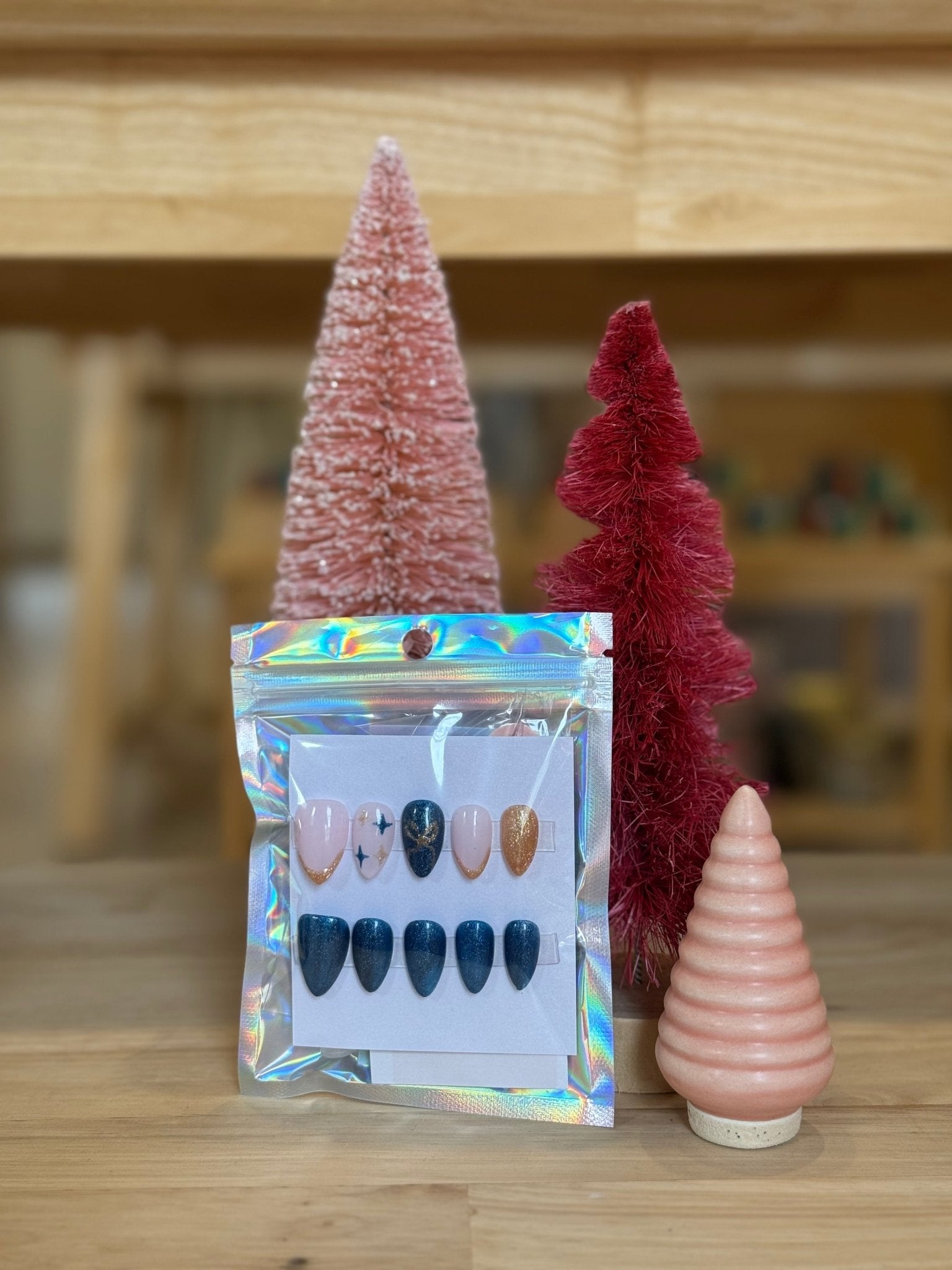 Press On Nails - Short Almond - Medium Size - Blue and Gold Sparks - Aesthetics By Kell