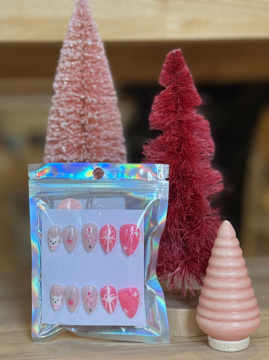 Press On Nails - Short Almond - Small Size - Pink Christmas - Aesthetics By Kell