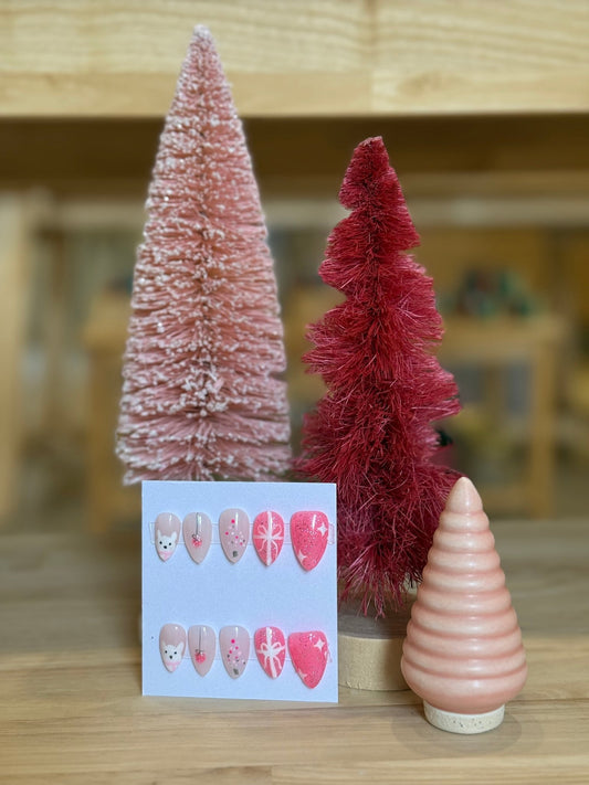 Press On Nails - Short Almond - Small Size - Pink Christmas - Aesthetics By Kell