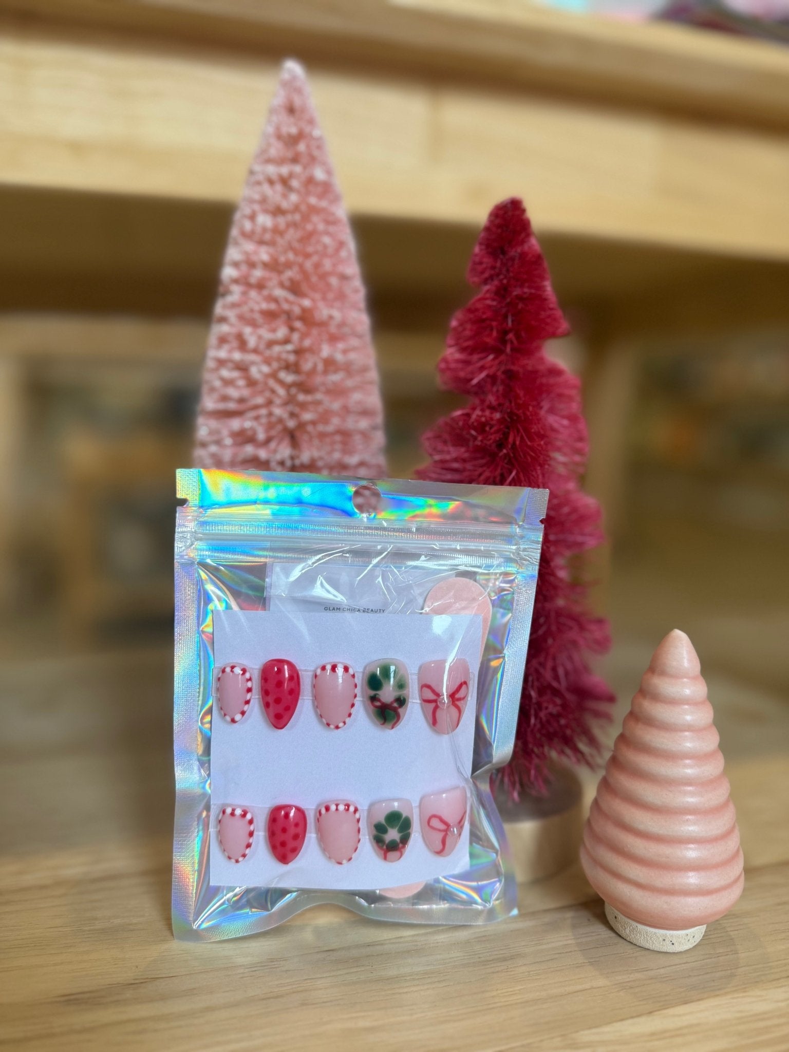 Press On Nails - Short Oval - Small Size - Christmas Bow - Aesthetics By Kell