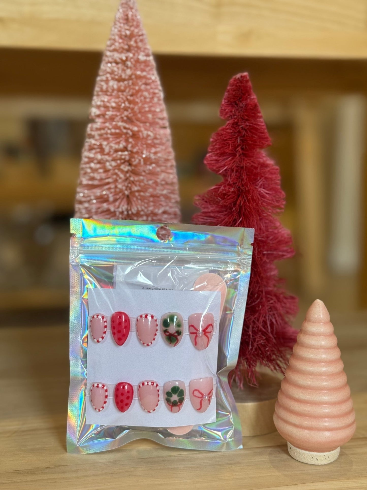 Press On Nails - Short Oval - Small Size - Christmas Bow - Aesthetics By Kell