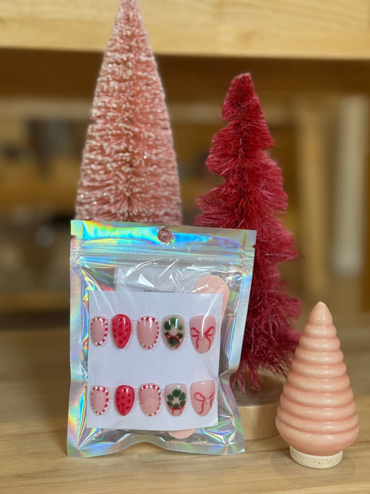 Press On Nails - Short Oval - Small Size - Christmas Bow - Aesthetics By Kell